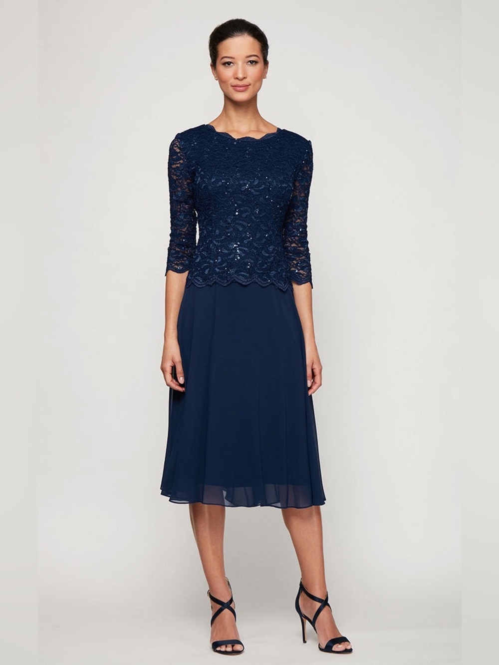 Alex Evenings Bella Cocktail Dress Embroidered Bodice Navy Lace Sequin Size 8